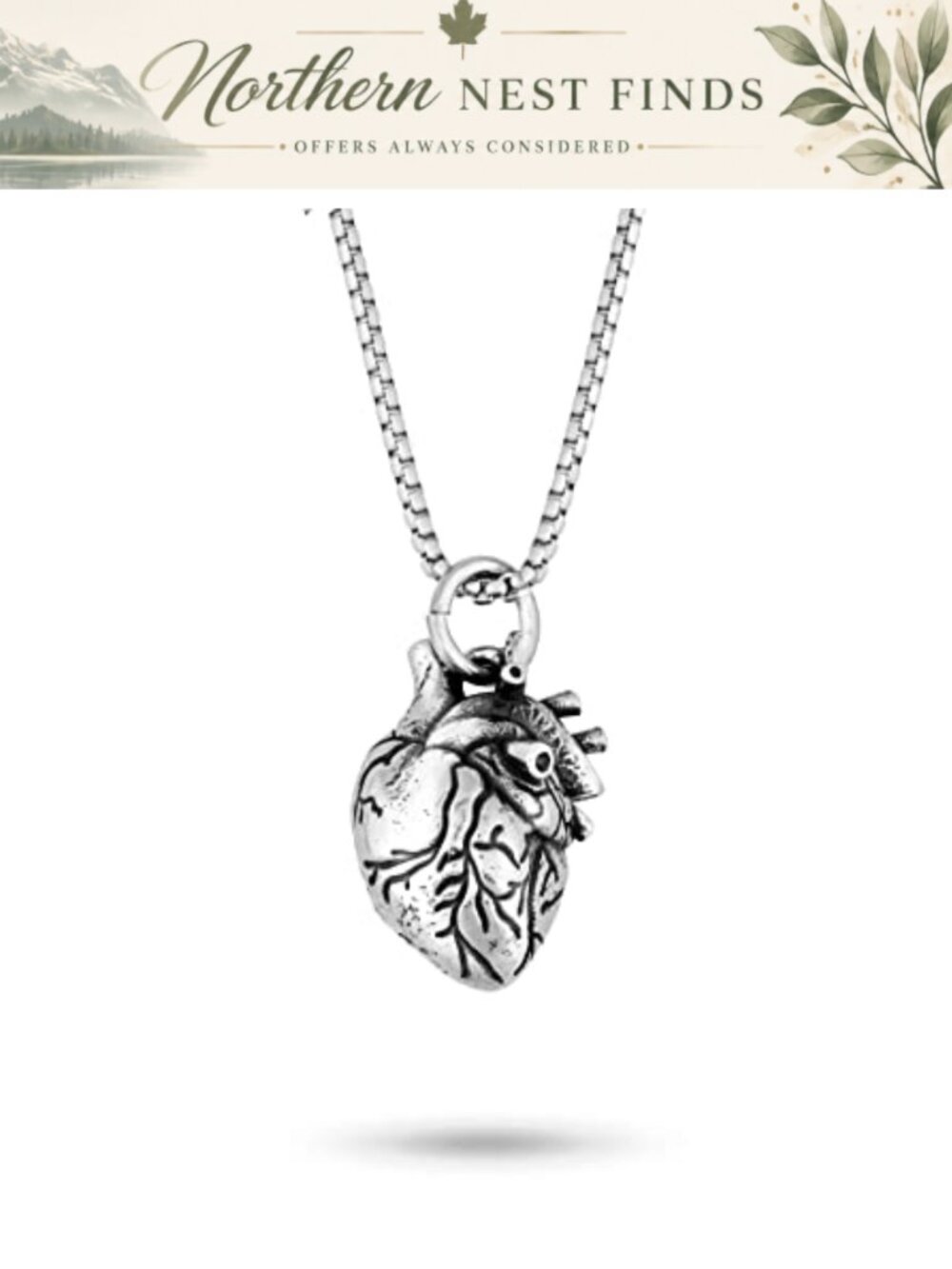 Stainless Steel Anatomical Heart Chain Necklace Gothic Punk 22.8 in